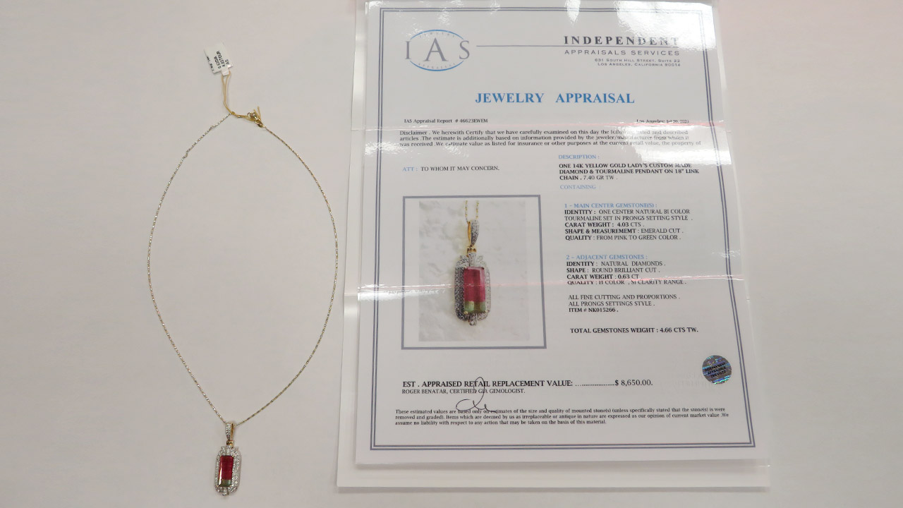 3rd Image of a N/A YELLOW GOLD LADY'S CUSTOM MADE DIAMOND AND TOURMALINE PENDANT
