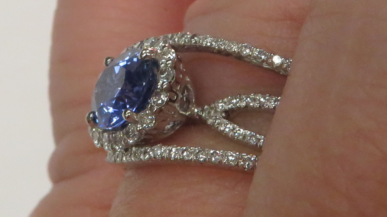 2nd Image of a N/A PLATINUM SAPPHIRE AND DIAMOND RING
